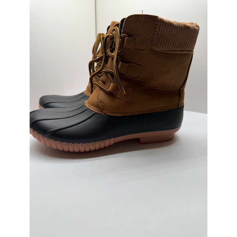 Womens Tan and Black Lace Upβ Duck Boots with Plaid Lining Size 7